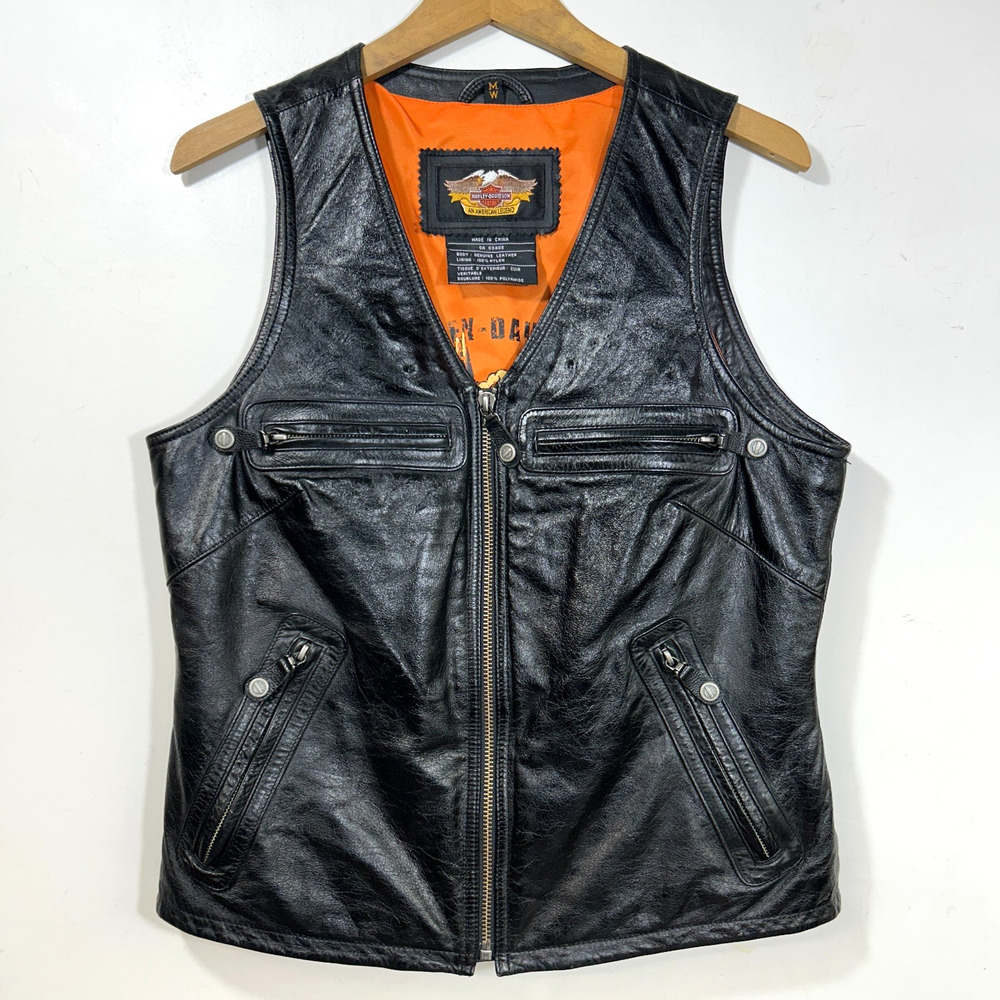 Vintage Harley Davidson Riding Vest Womens M Black Leather Biker Zippered Pocket